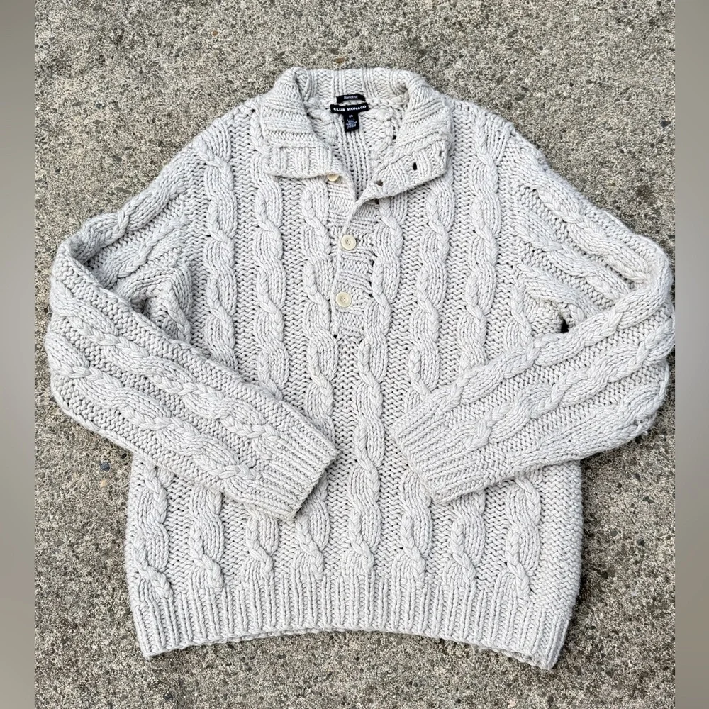 Club Monaco Cable Knit Quarter Neck -Button Sweater – Light Gray – Size L
